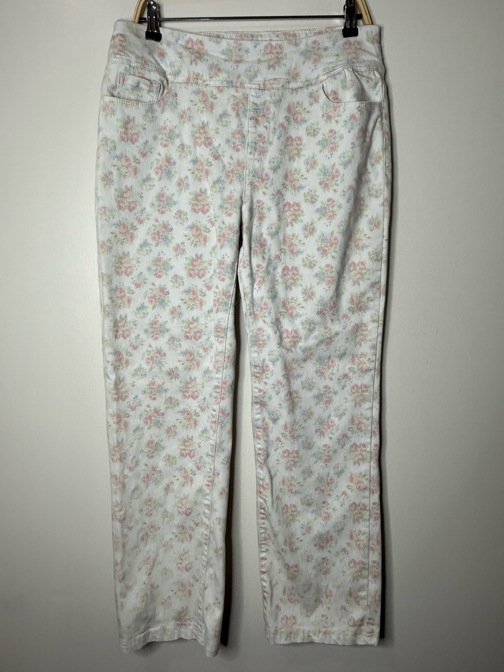 April Cornell White Floral Pull-On Pants Size XXL Straight Leg